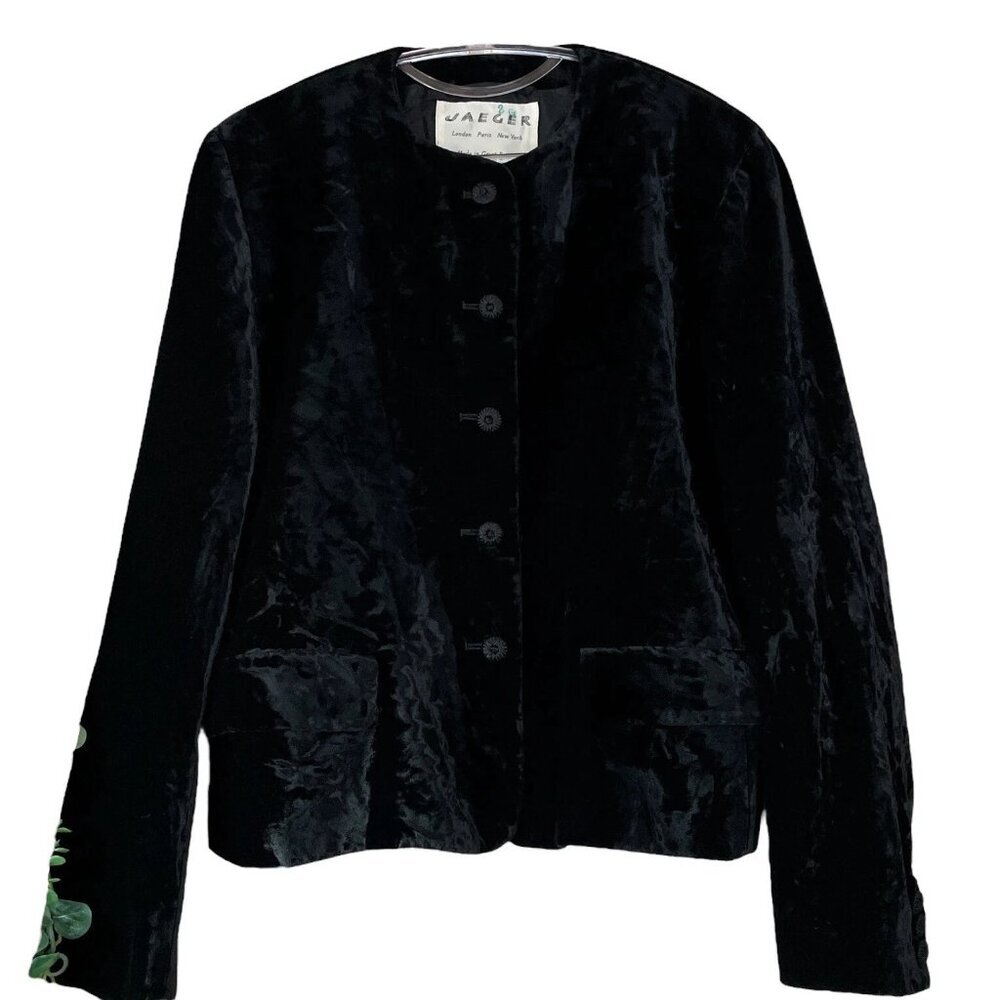 Vtg Jaeger Crushed Velvet Velour Buttoned Evening Blazer Jacket Black Size 16